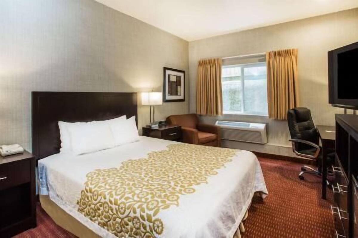 Une chambre d’hôtel équipée d’un lit, d’un bureau, d’une chaise, d’une télévision et d’une fenêtre avec des rideaux.