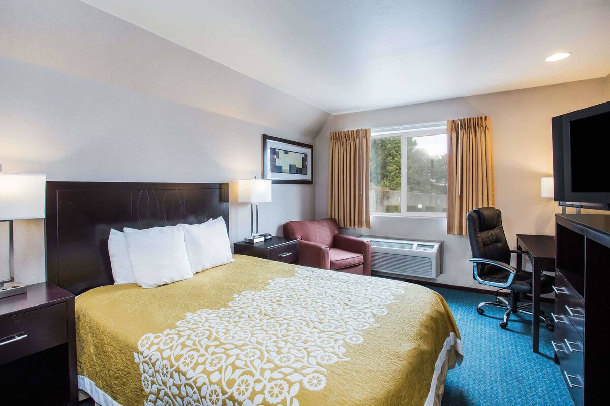 Une chambre d’hôtel avec un grand lit, un bureau avec une chaise, une télévision et une fenêtre avec des rideaux.