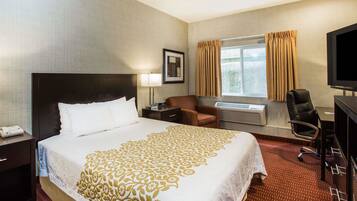 A hotel room with a large bed, a desk, a chair, a TV, and a window with curtains.