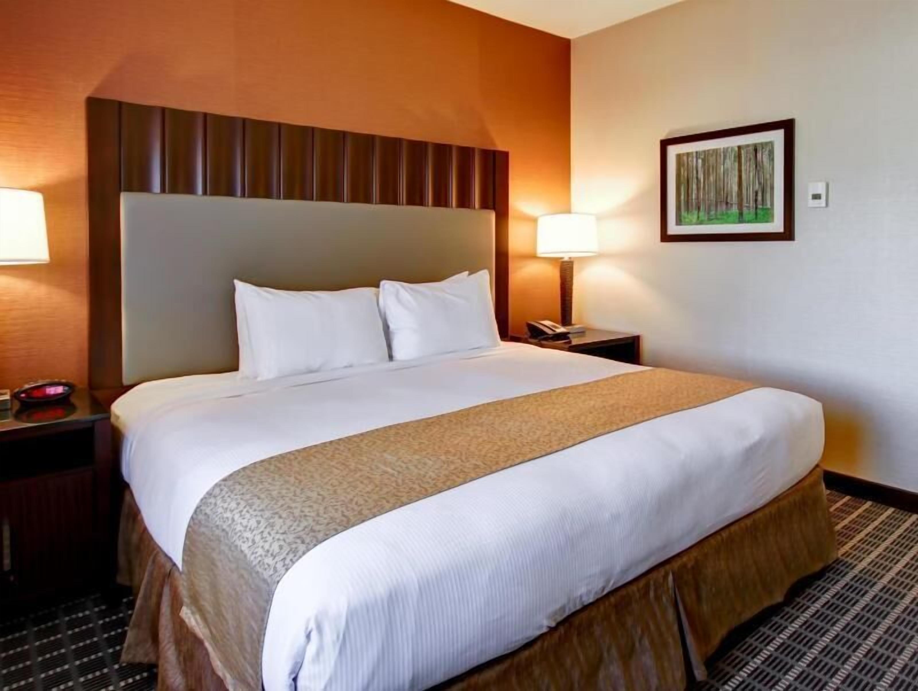 Safe på rommet, skrivebord, blendingsgardiner og strykejern/-brett