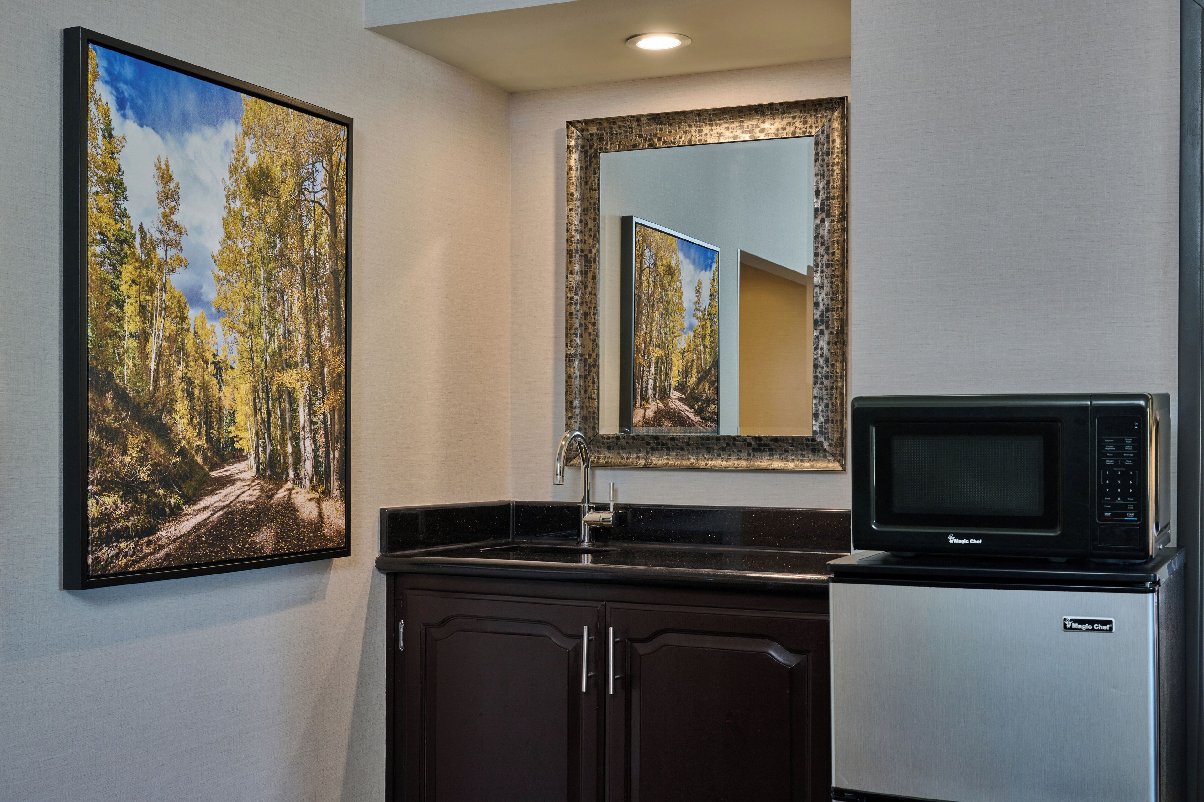 A kitchen with a microwave, sink, cabinets, and a framed picture of a forest.