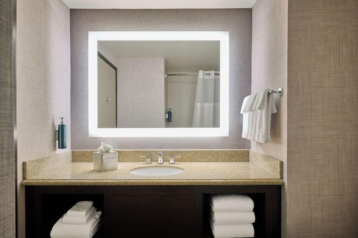 A bathroom with a large mirror, a sink, and a towel rack.