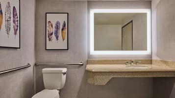 Un baño con inodoro, un lavamanos con encimera de granito, un espejo con luz y dos obras de arte con plumas enmarcadas en la pared.