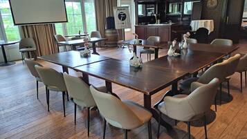 A conference room with a large table, chairs, a projector screen, and a bar area with bottles.