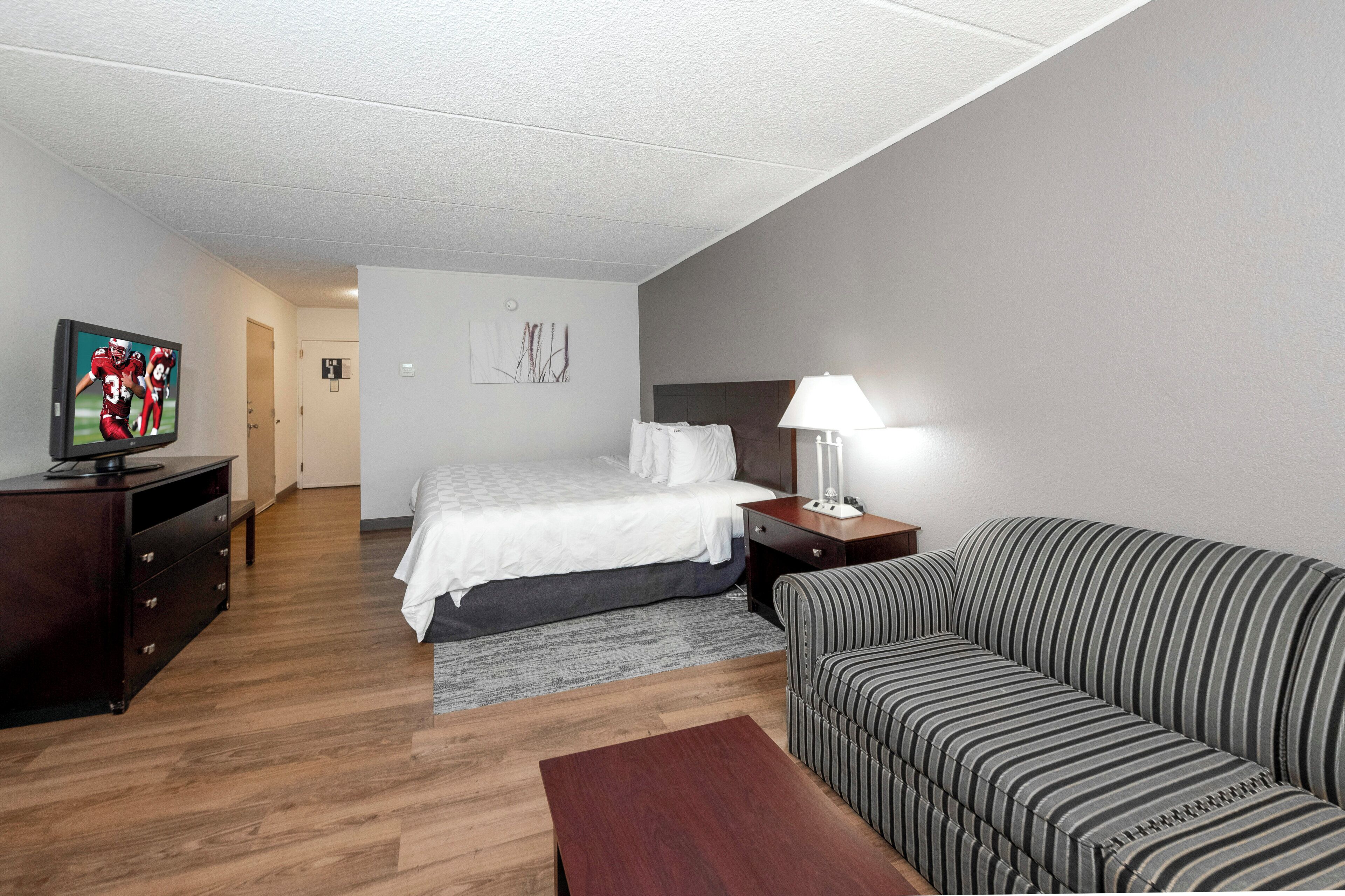 Habitación de hotel con cama, sofá, televisión, escritorio y lámpara.