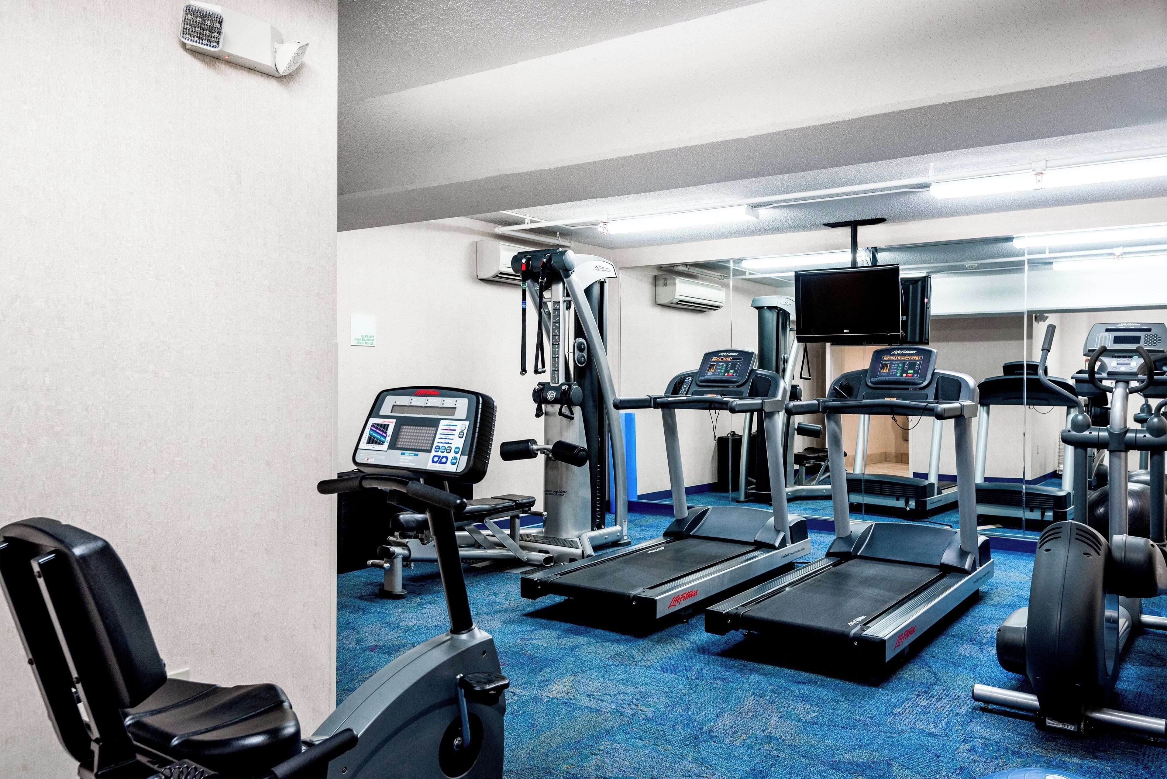 A gym with treadmills, elliptical machines, and weight equipment.