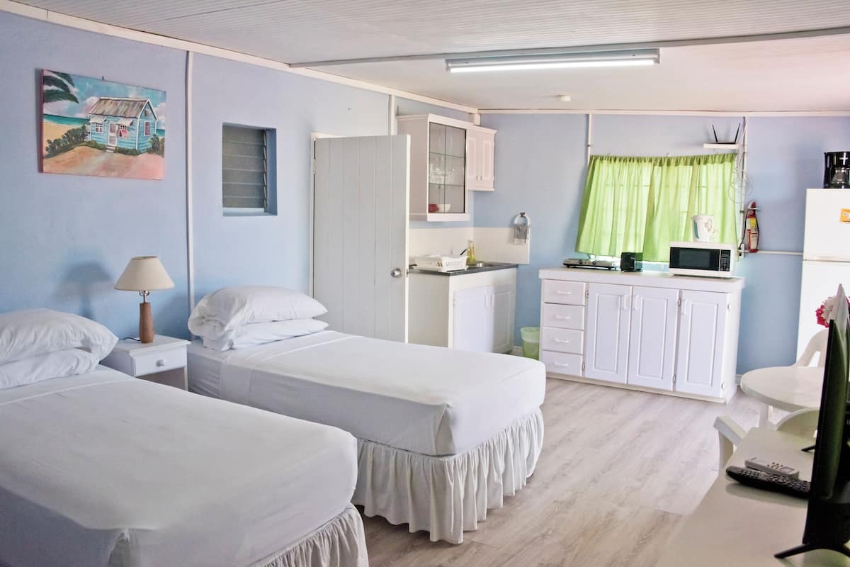 Una habitación con dos camas, una kitchenette pequeña, un baño y un cuadro en la pared.