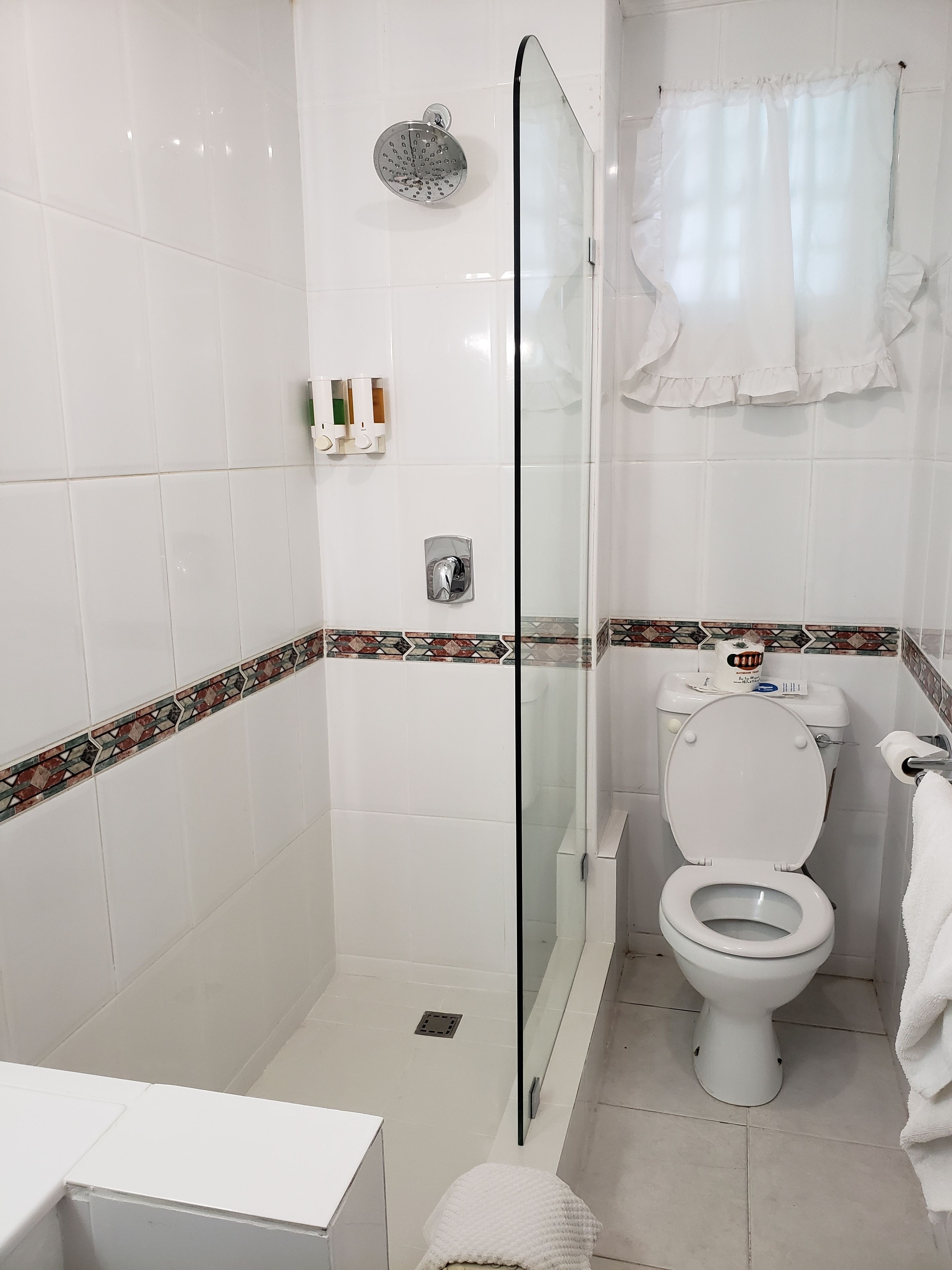 A bathroom with a glass-enclosed shower, a toilet, and a sink.