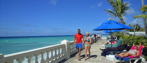 Un paseo marítimo con barandilla, palmeras y un cielo azul despejado.