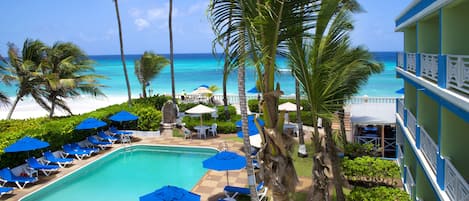 2 outdoor pools, open 9:00 AM to 8:00 PM, pool umbrellas, pool loungers