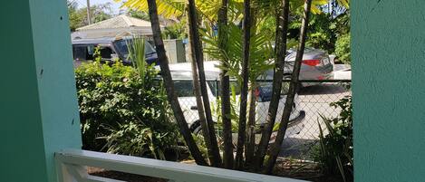 A view through a white metal railing, featuring a green wall, a small tree, and a parking area with cars.