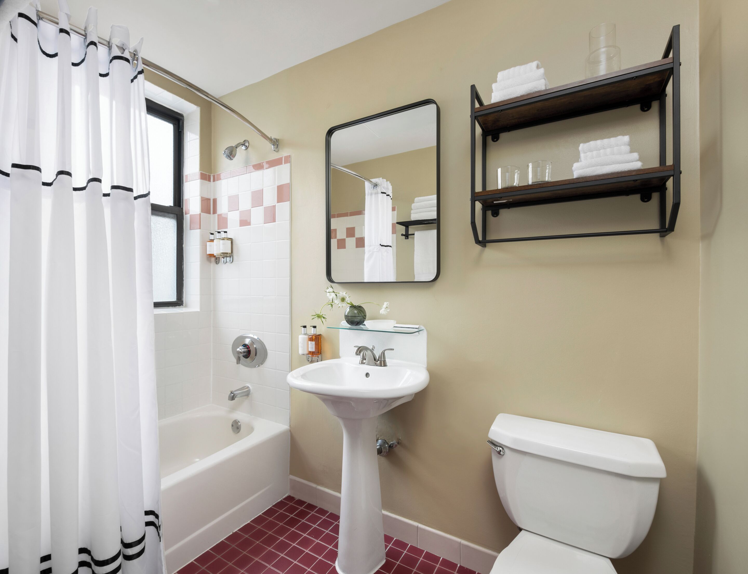 combined shower/bathtub, free toiletries, hair dryer, bathrobes