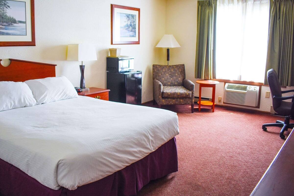 A hotel room with a large bed, a desk, a chair, a lamp, a heater, and two framed pictures on the wall.