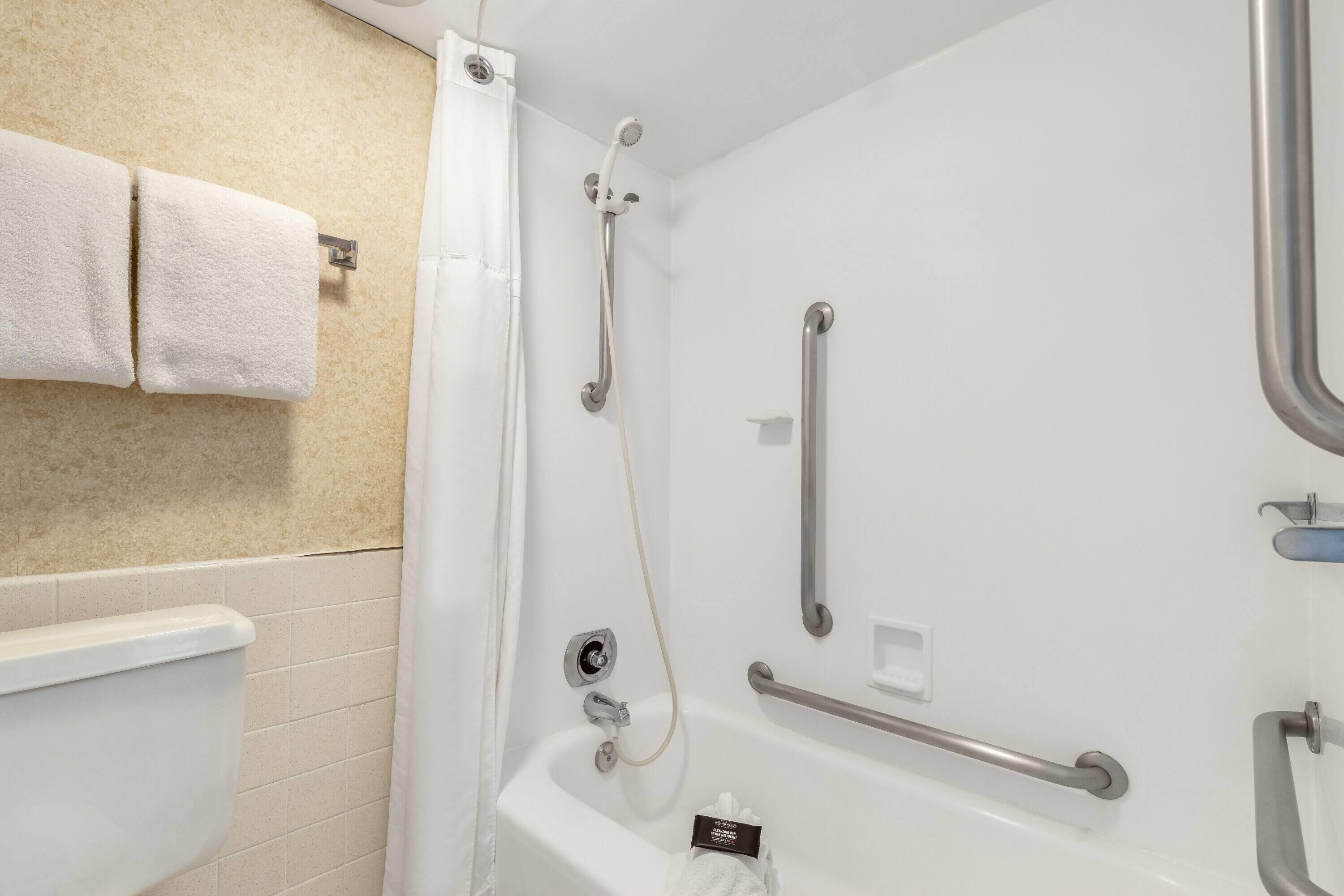Ein Badezimmer mit einer weißen Badewanne, einer Dusche inklusive Handbrause und Haltegriffen.