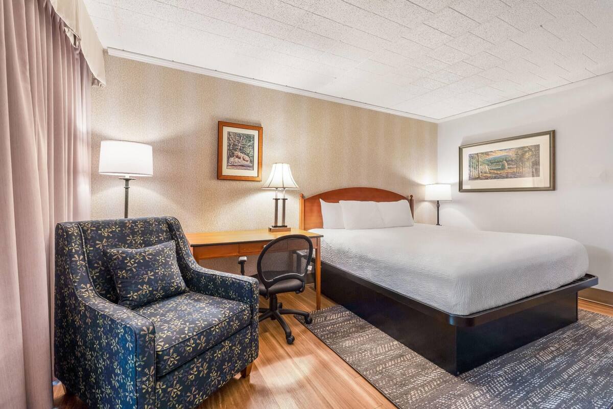 A hotel room with a bed, a desk, a chair, two lamps, and two framed pictures on the walls.
