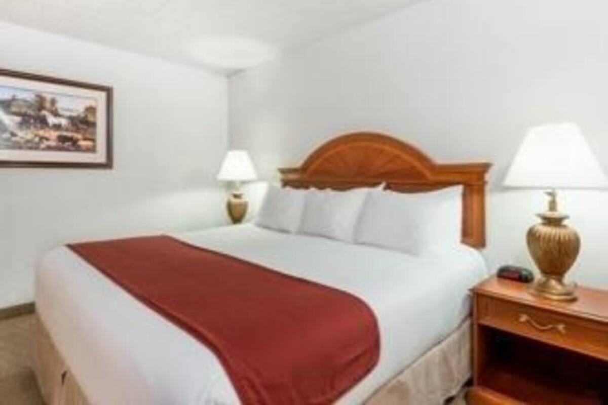 A hotel room with a bed, two bedside tables, a lamp, and a painting on the wall.