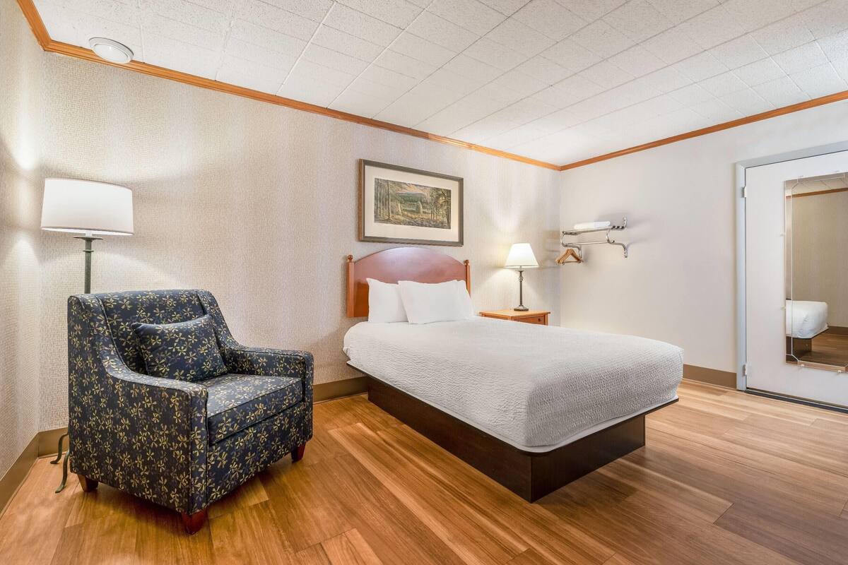 A hotel room with a bed, a chair, a lamp, a painting on the wall, and a mirror.