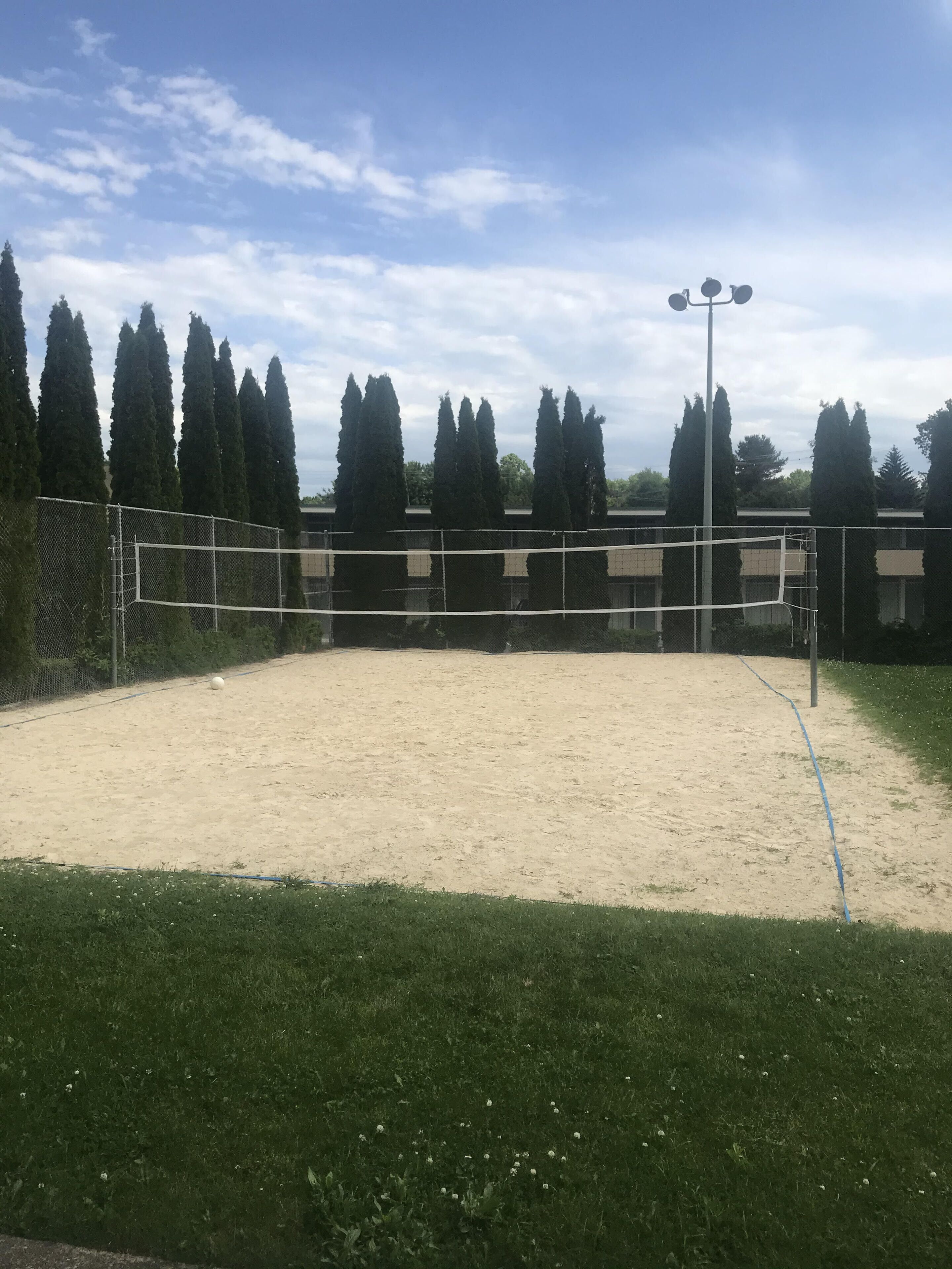 Een volleybalveld met een net, omringd door een hek en hoge bomen.