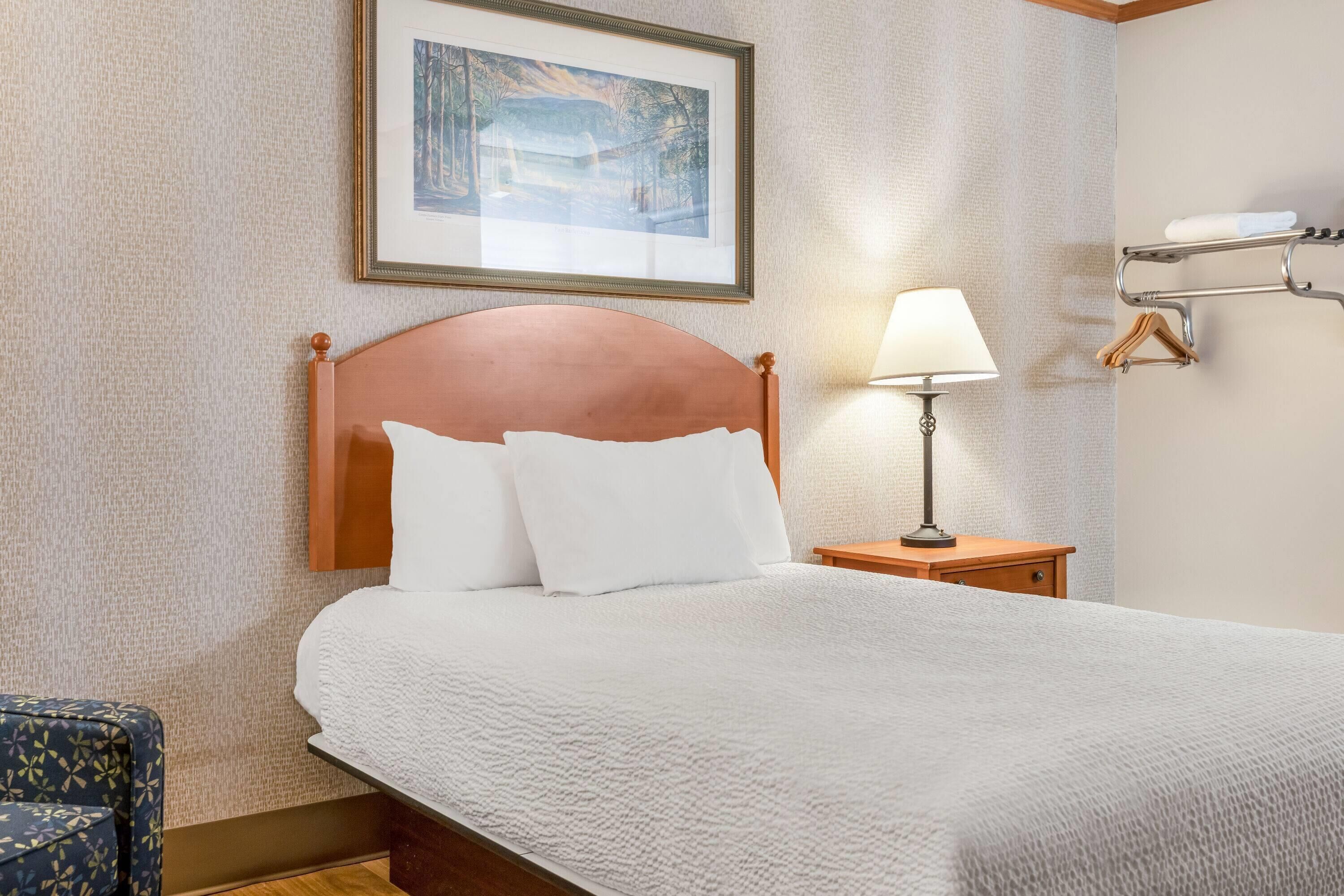 A neatly made bed with white bedding, a wooden headboard, a bedside table with a lamp, and a framed picture on the wall.