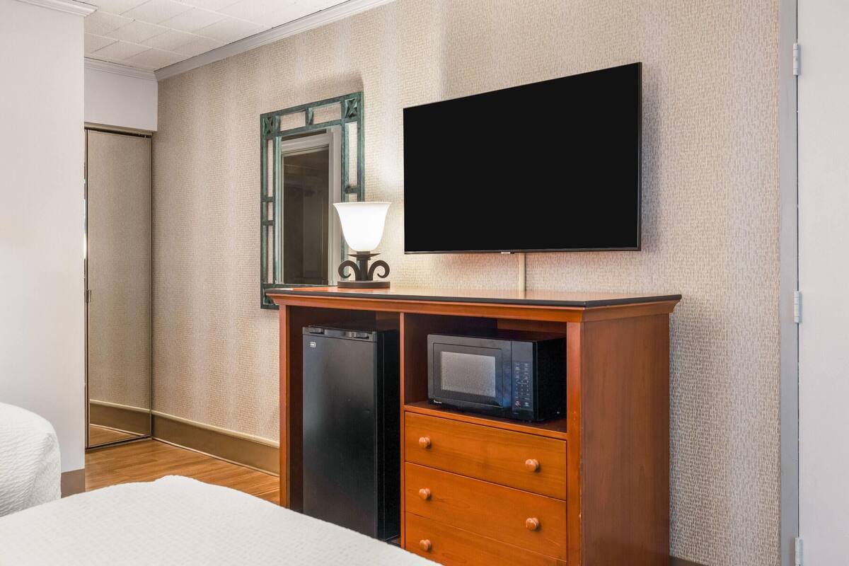 A hotel room with a bed, a wooden dresser with a microwave, a television, and a mirror.