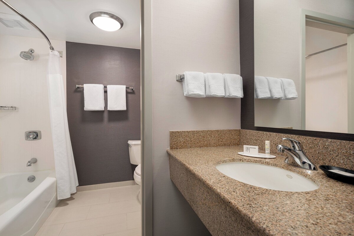 Une salle de bain moderne avec un lavabo surmonté d’un plan de travail en granit, un grand miroir et un espace douche.