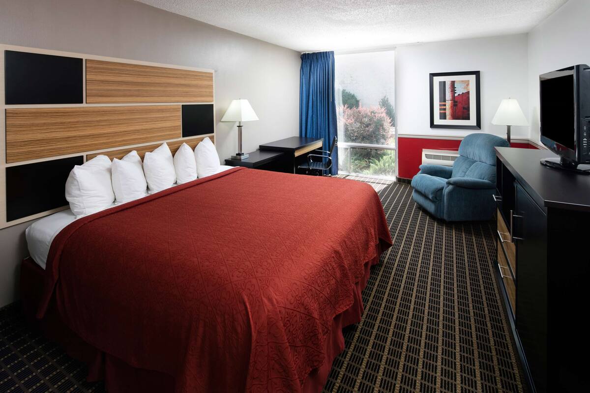 Ein Hotelzimmer mit einem großen Bett, einem Schreibtisch, einem Stuhl, einem Fernseher und einem Fenster mit Blick auf Grünfläche.