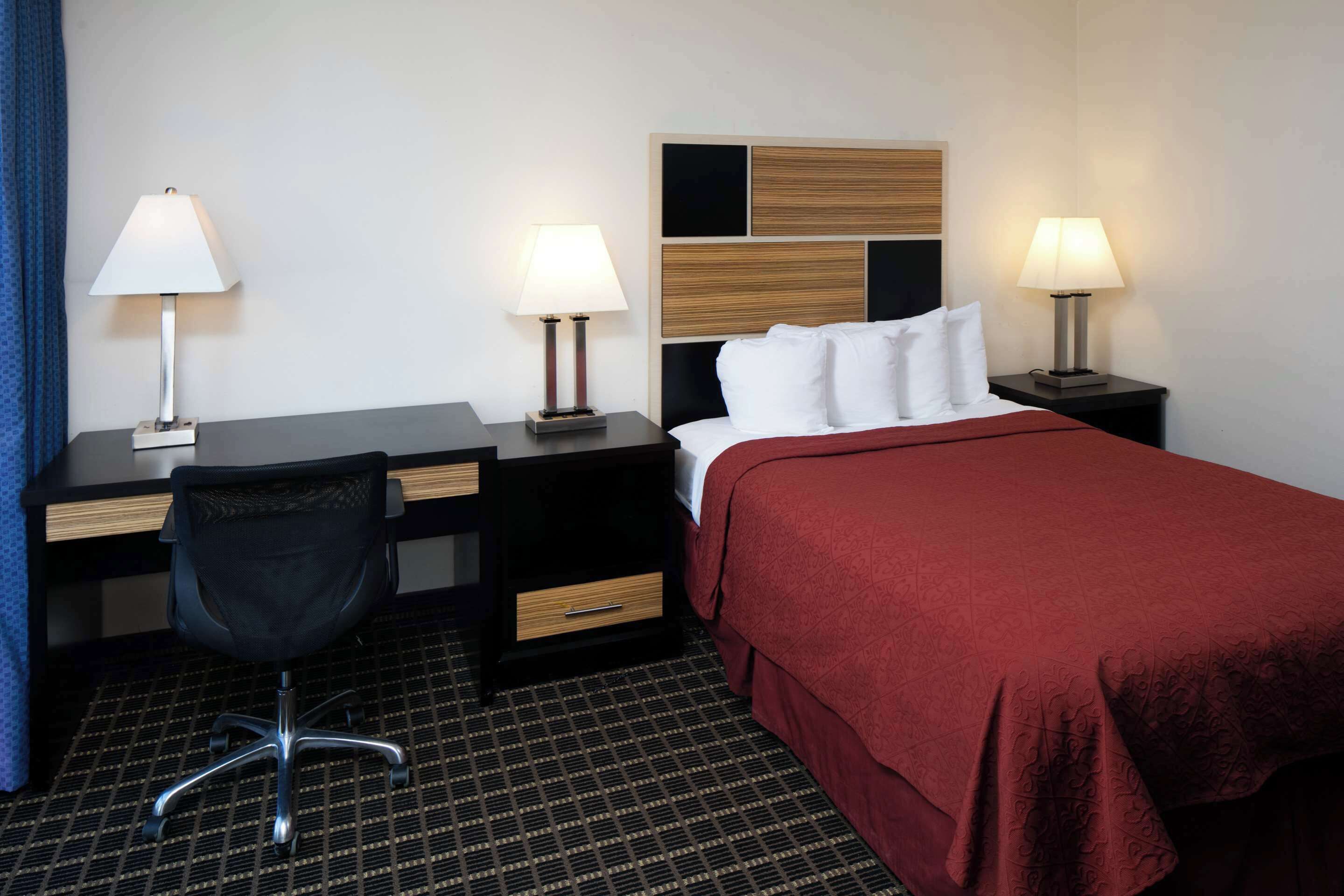 Een hotelkamer met een bed, twee nachtkastjes met lampen, een bureau met stoel en een kamerbreed tapijt met dessin.