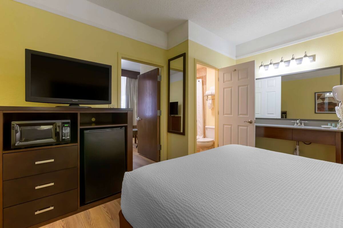 A hotel room with a bed, a TV, a microwave, a mini-fridge, a bathroom with a shower, and a mirror with lights.