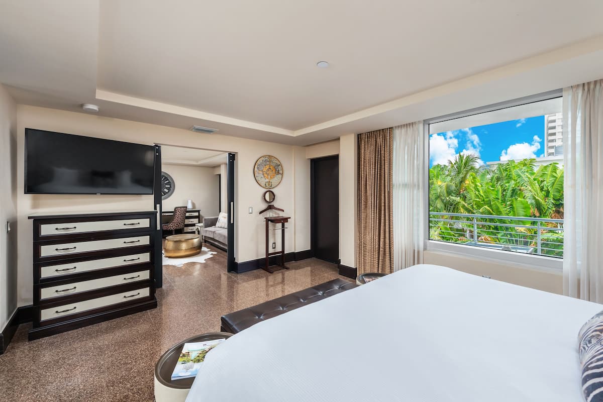 A hotel room with a bed, a TV, a desk, and a view of greenery outside.
