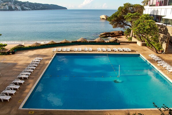 Outdoor pool, open 8:00 AM to 8:30 PM, pool umbrellas, pool loungers