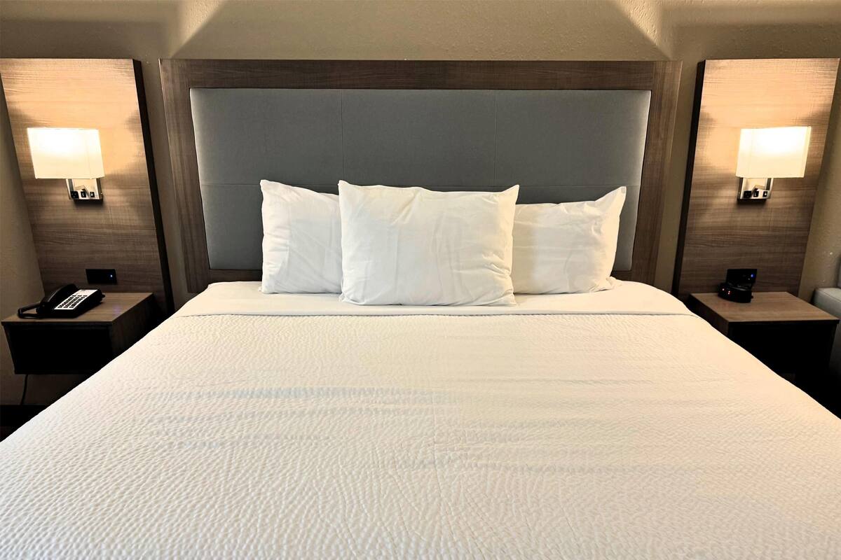 A hotel room with a large bed, two bedside tables with lamps, and a phone on one of the tables.