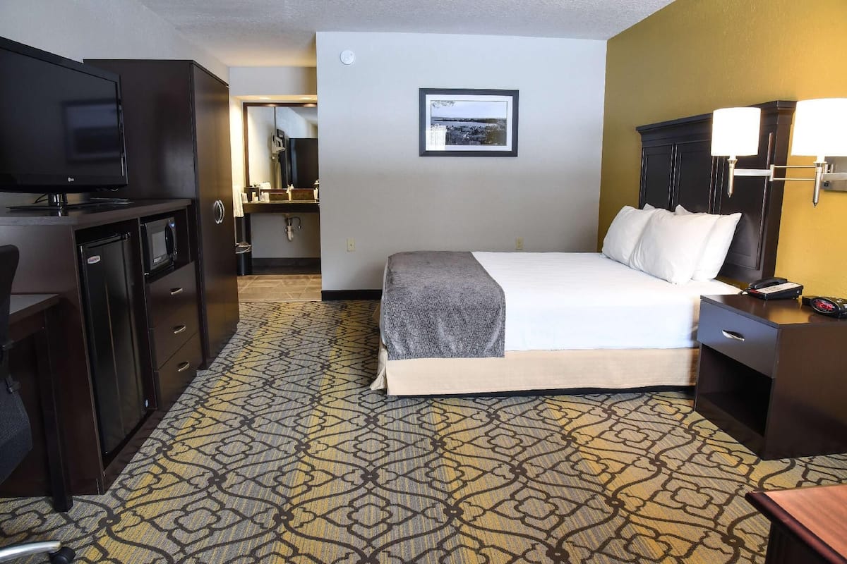 A hotel room with a bed, a desk, a television, and a framed picture on the wall.