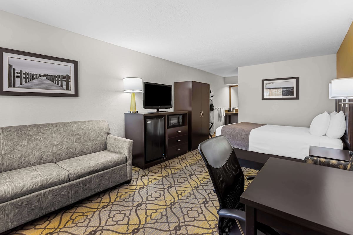 A hotel room with a sofa, a TV, a bed, a desk, and a chair.