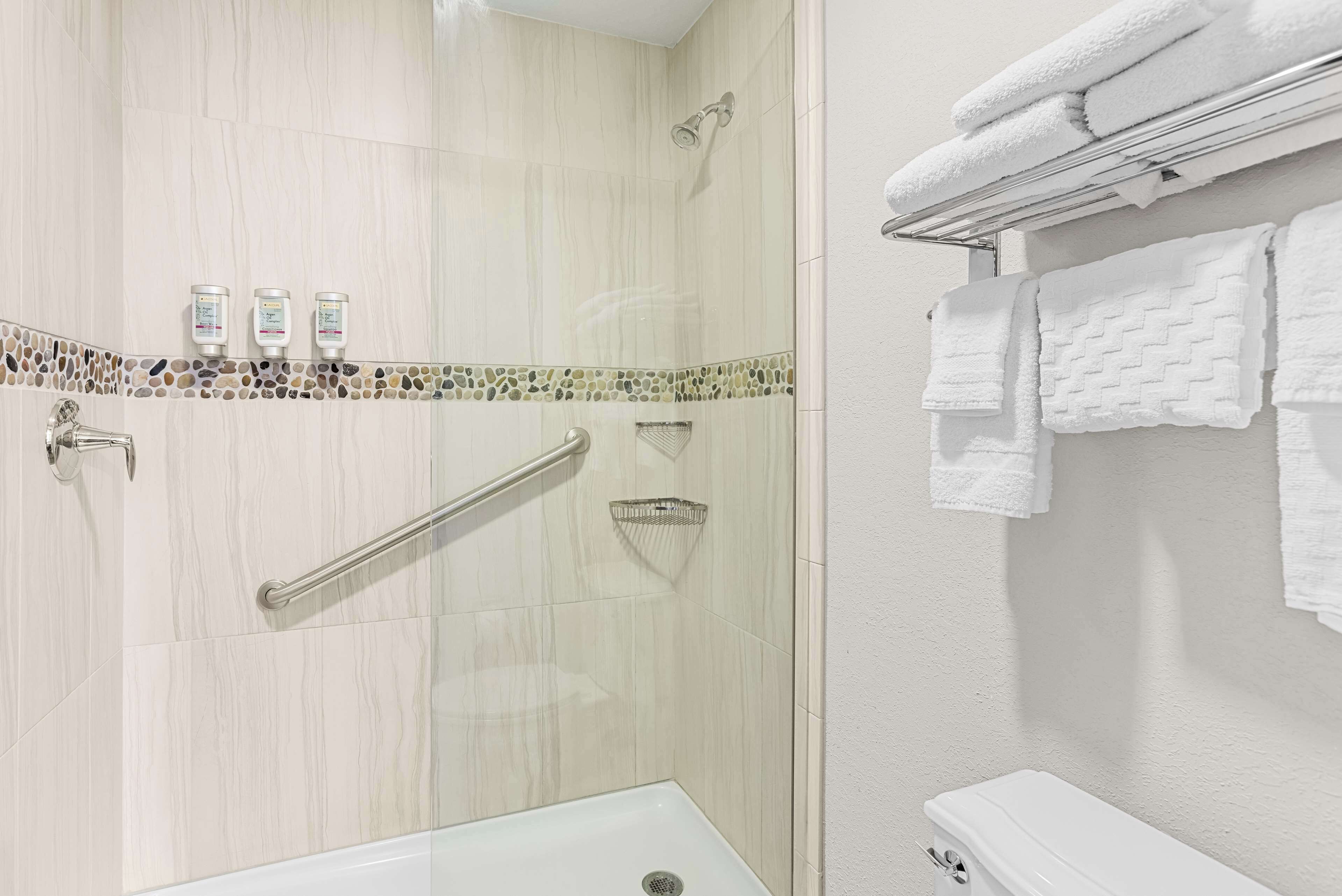 combined shower/bathtub, free toiletries, hair dryer, towels