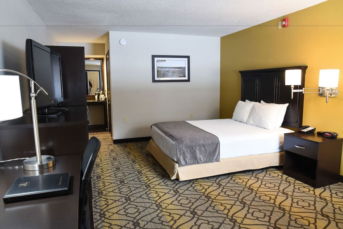 A hotel room with a bed, bedside table, lamp, desk, and a framed picture on the wall.