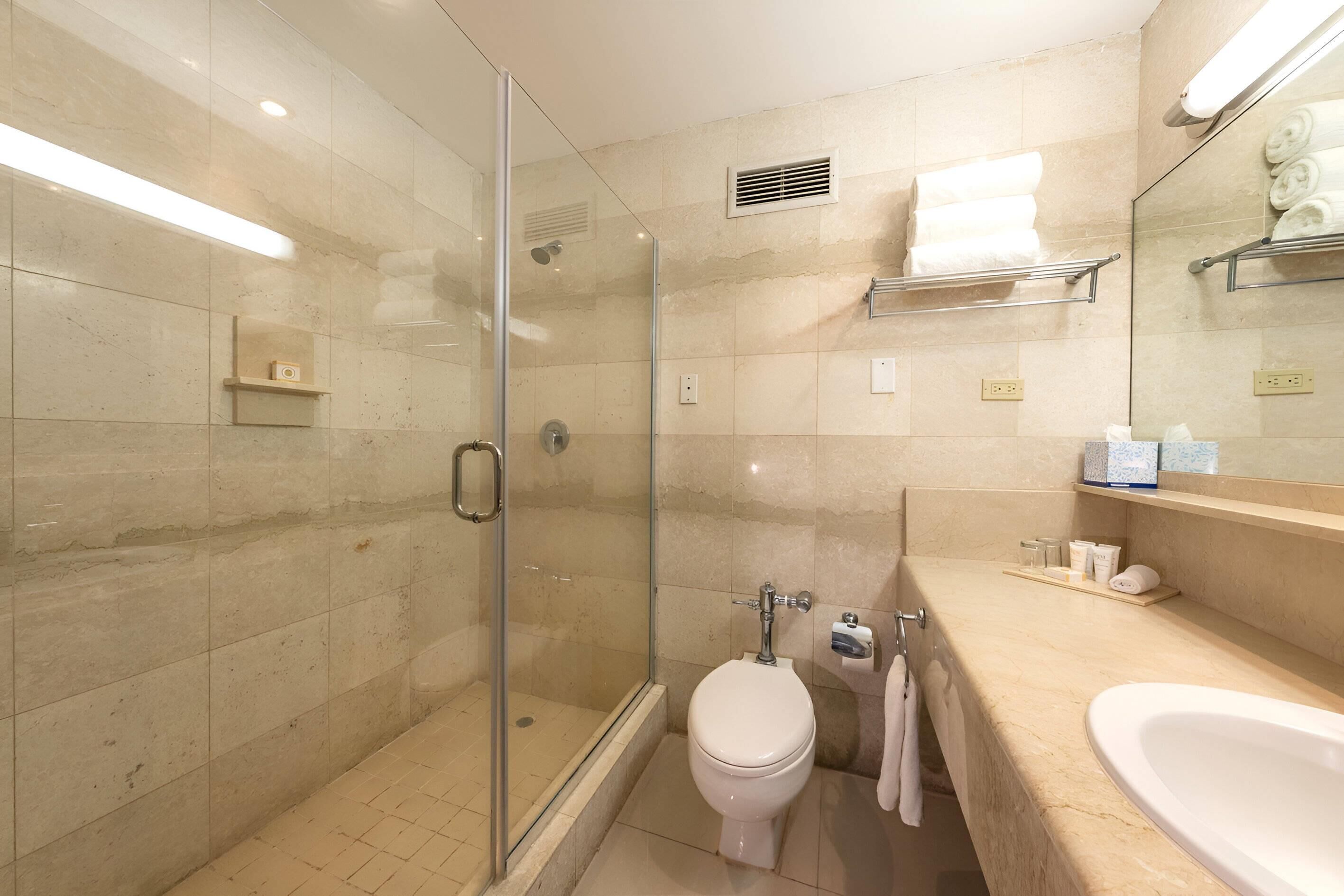 A modern bathroom with a glass-enclosed shower, a white toilet, and a large sink.