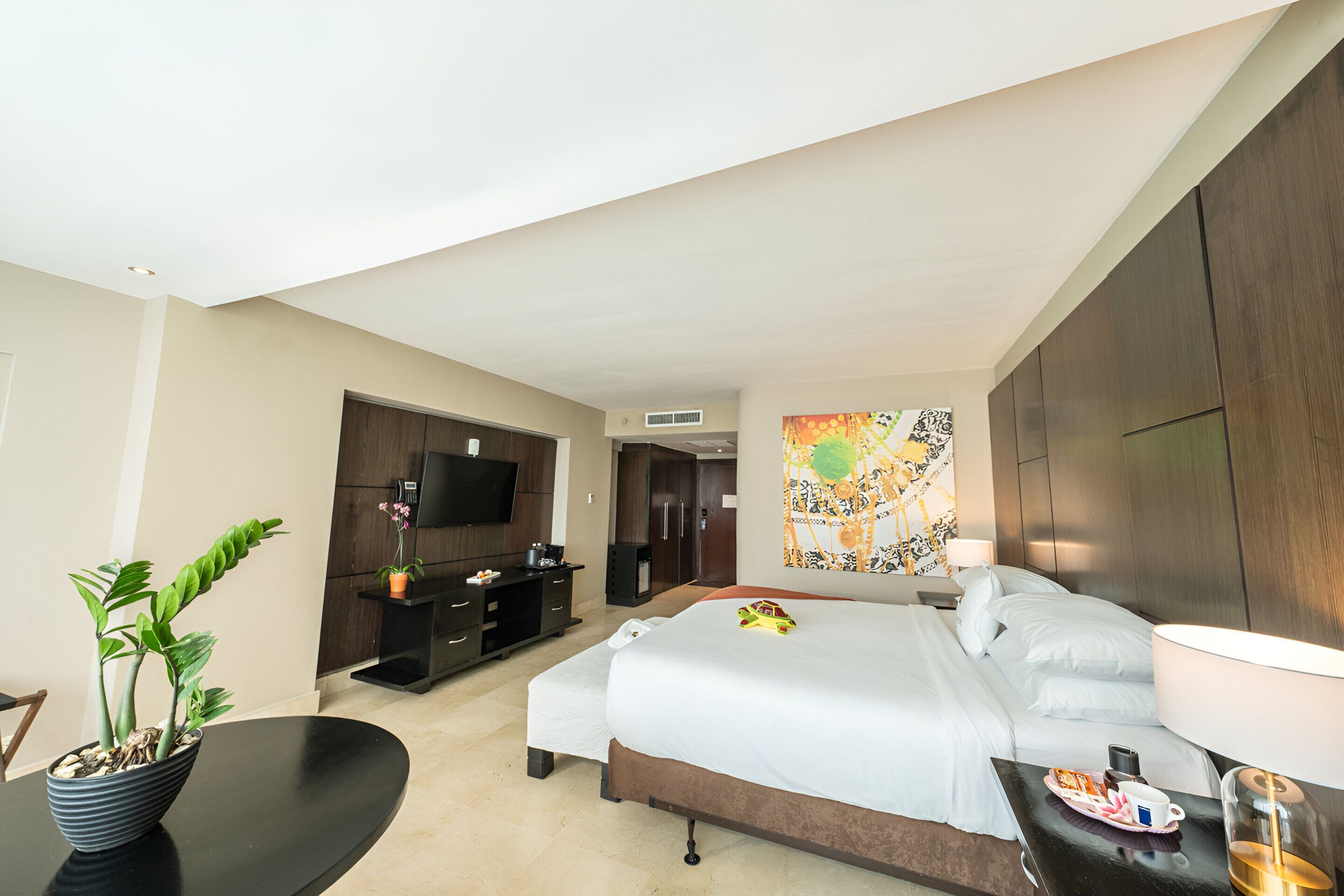 Habitación de hotel con cama, televisión, escritorio, planta y un cuadro en la pared.