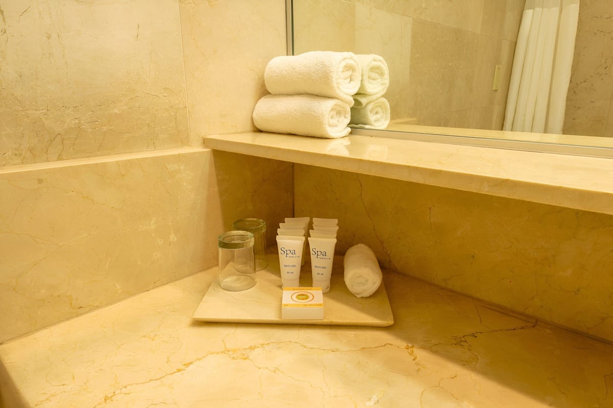 Ensemble baignoire-douche, articles de toilette écologiques
