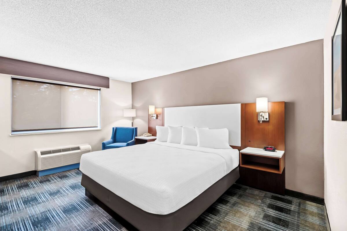 Une chambre d’hôtel avec un grand lit, un bureau, une chaise, une fenêtre et un téléviseur fixé au mur.