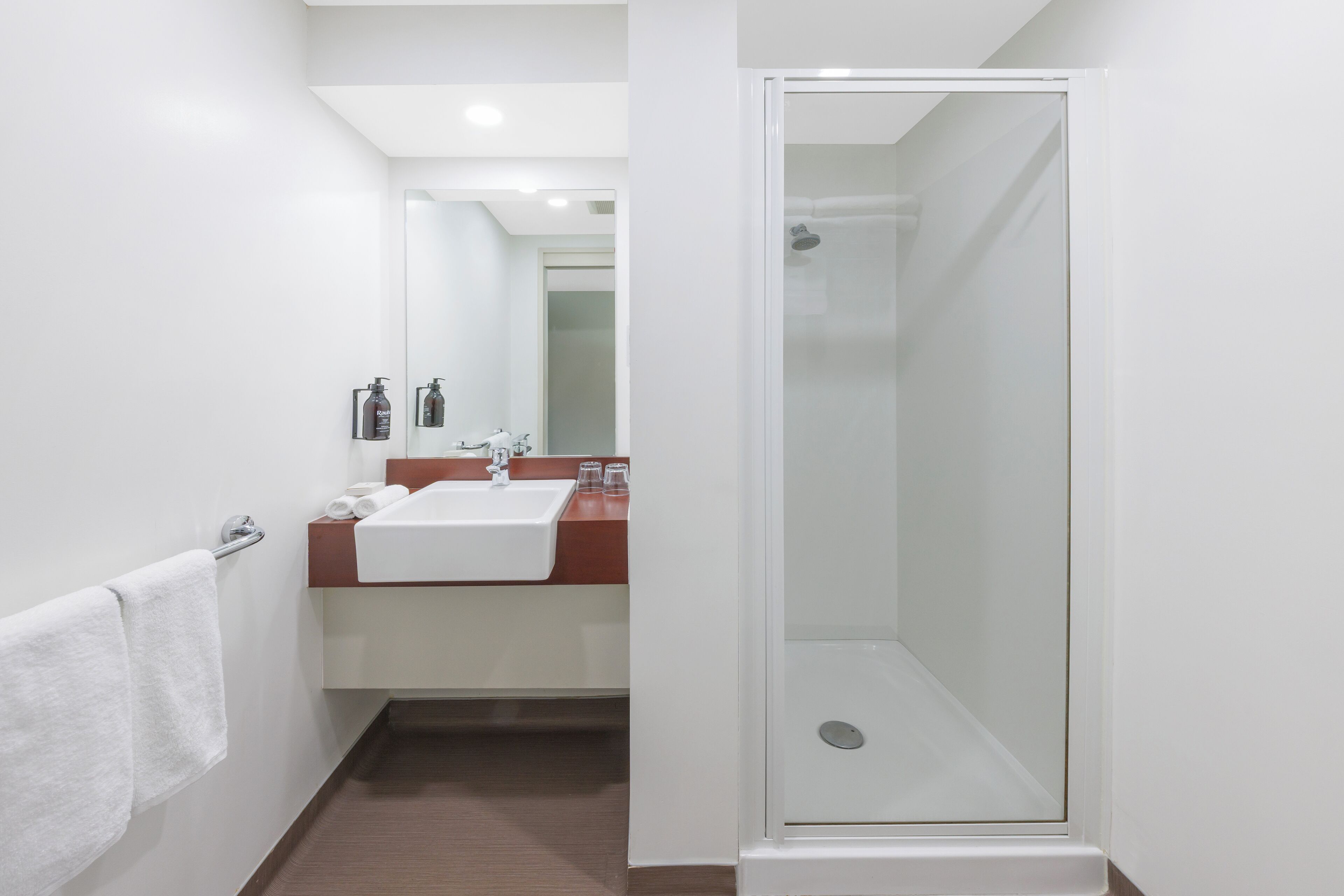 Een moderne badkamer met een douche met glazen wand, een witte wastafel en een spiegel.