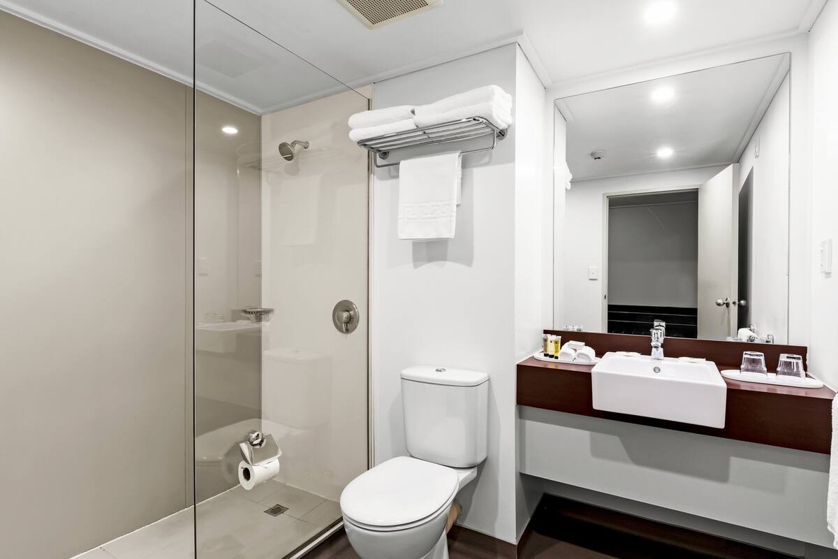 eco-friendly toiletries, hair dryer, towels