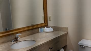 Un baño con lavamanos, espejo e inodoro.