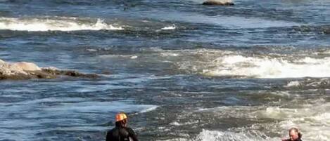 A river with people surfing and paddling.