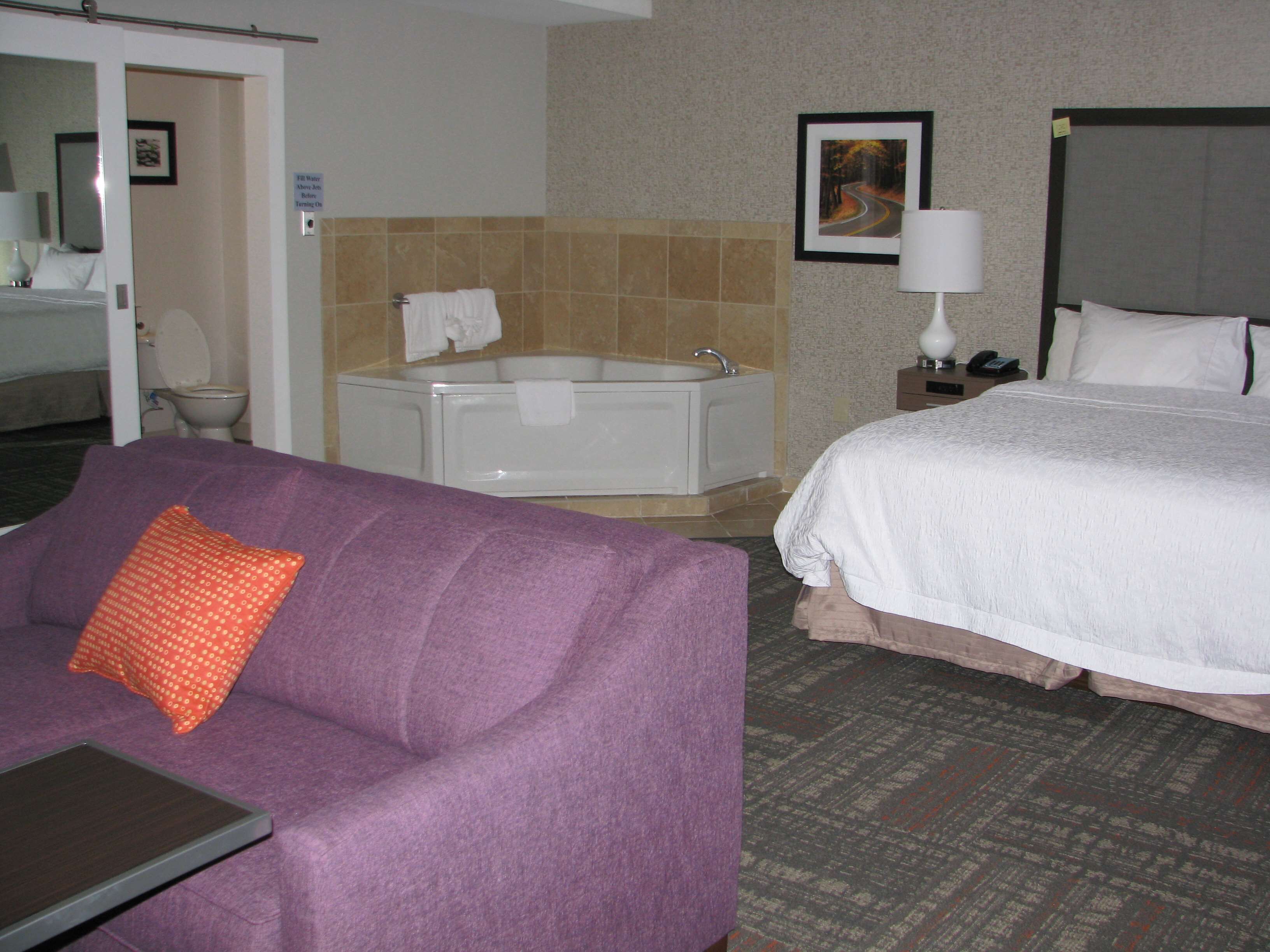 A hotel room with a purple sofa, a bed with white bedding, a bathtub, a nightstand with a lamp, and a painting on the wall.