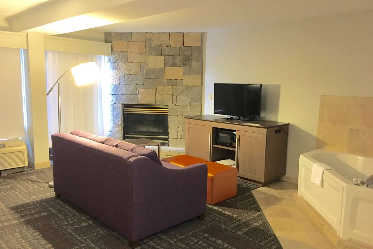 A living room with a stone fireplace, a sofa, a television on a cabinet, and a bathtub.