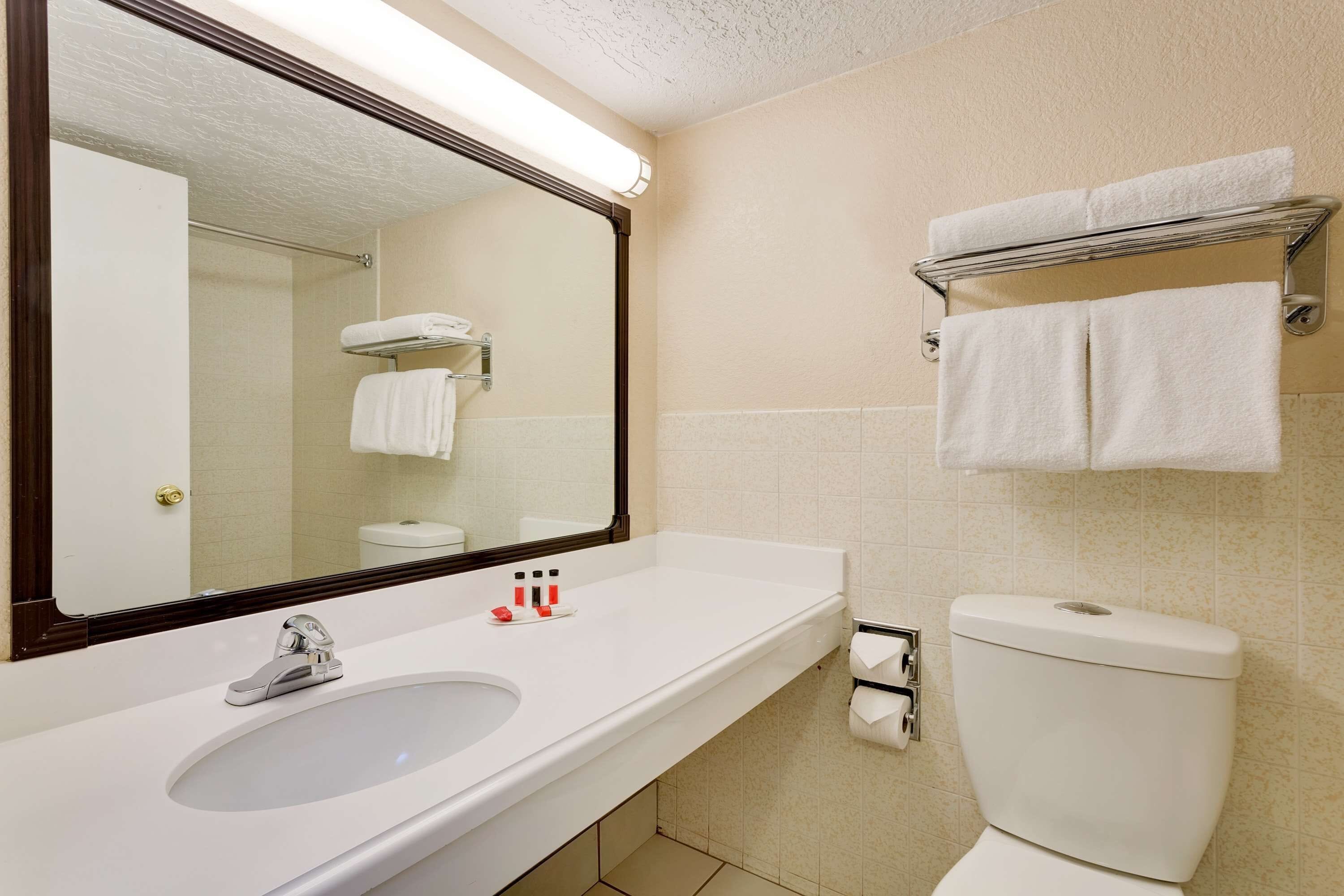 A bathroom with a white sink, a mirror, a toilet, and a towel rack.