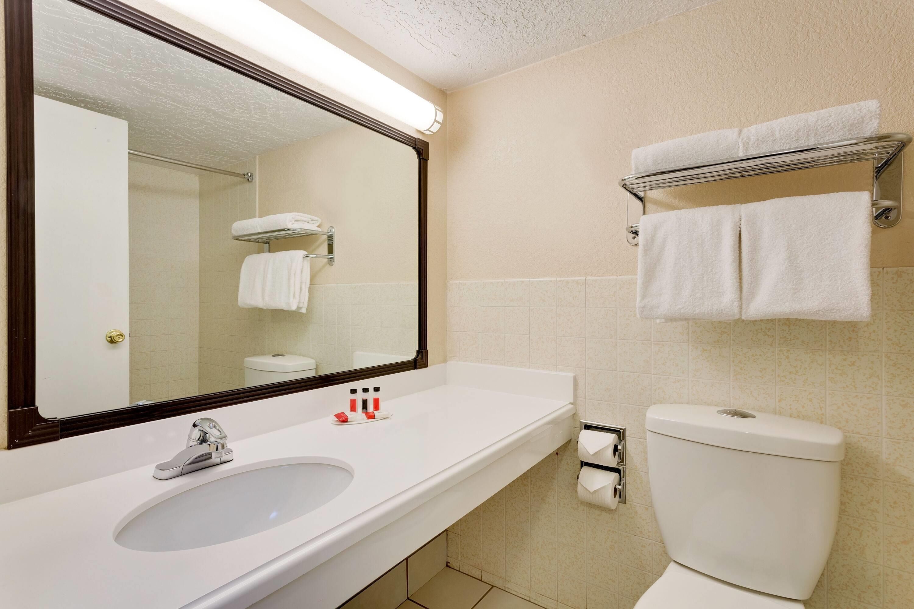 A bathroom with a white sink, a mirror, a toilet, and a towel rack.