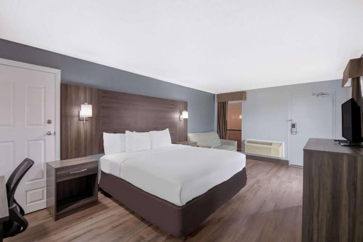A hotel room with a bed, bedside table, chair, desk, and a TV.