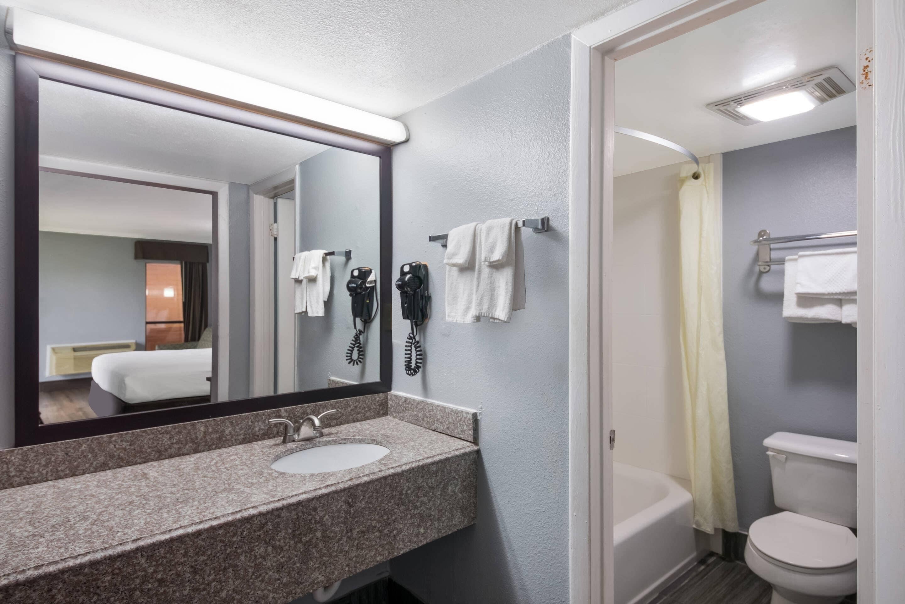 Une salle de bain avec un lavabo en granit, un miroir, des toilettes et un rideau de douche.