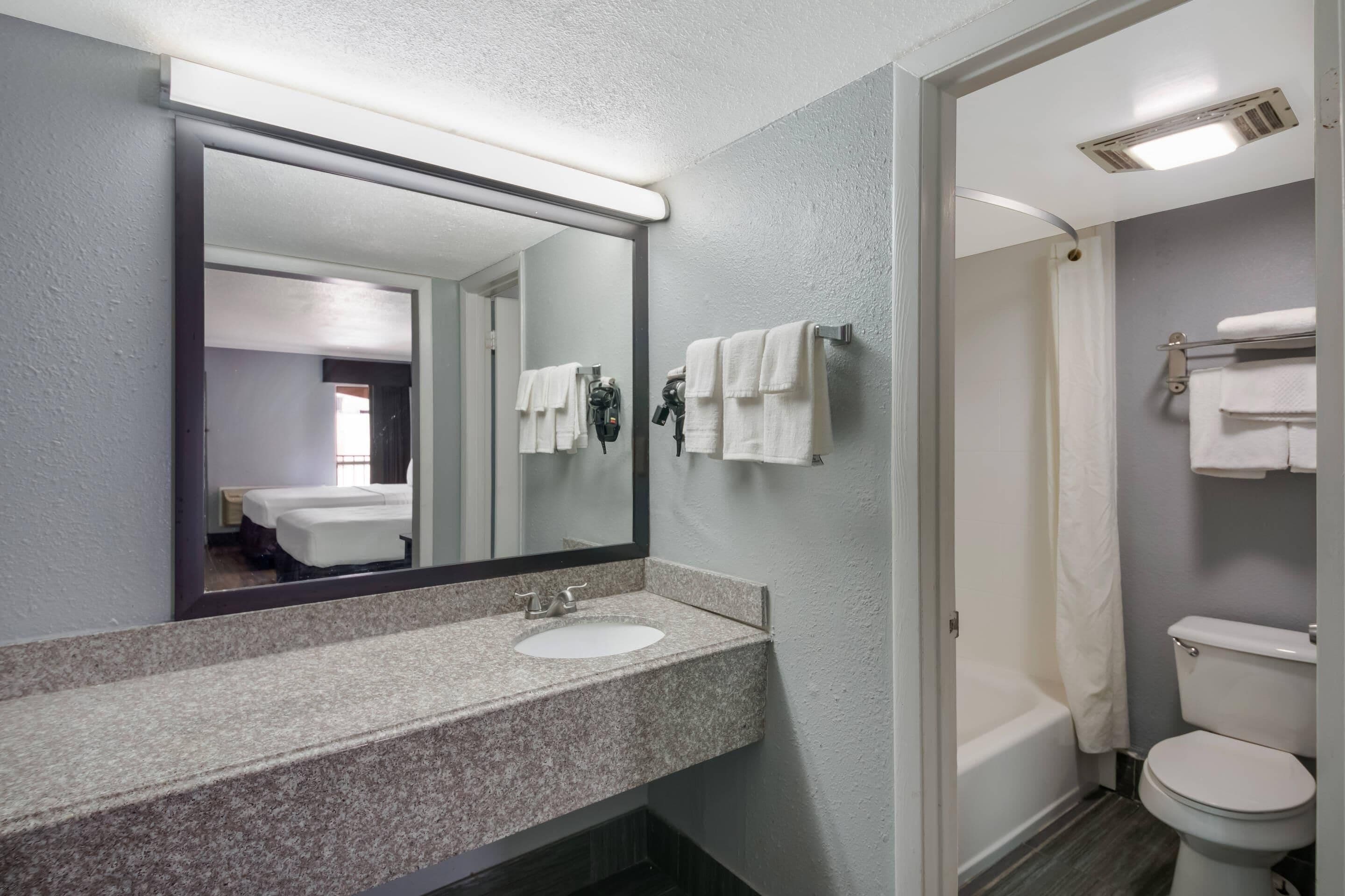 A bathroom with a double sink, a large mirror, a shower, and a toilet.